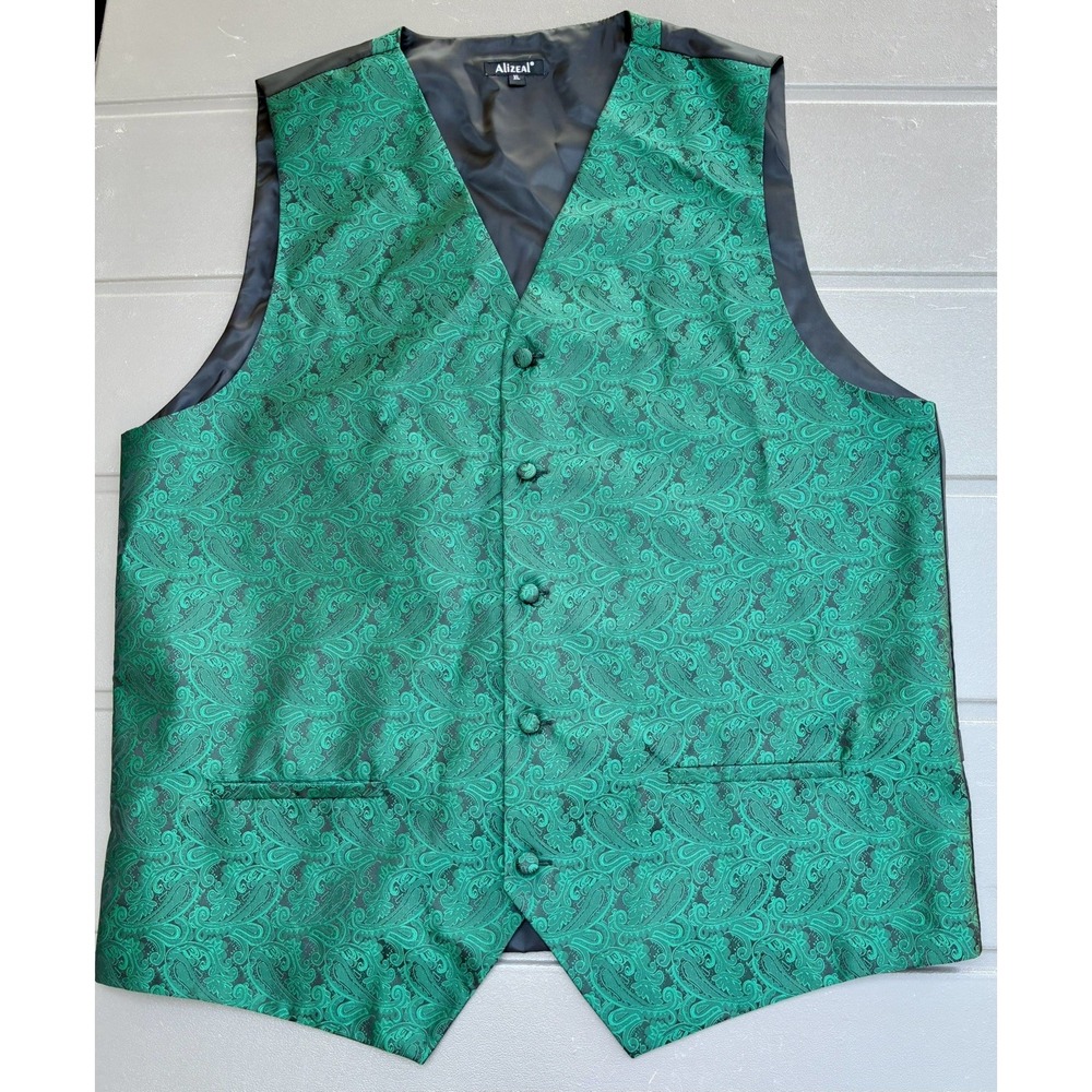 Alizeal Vest Mens XL Green Paisley Tuxedo Belted Formal Wedding Prom Homecoming